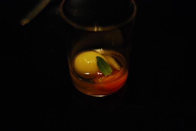 homemade corn tofu, ice plant, tomato juice 