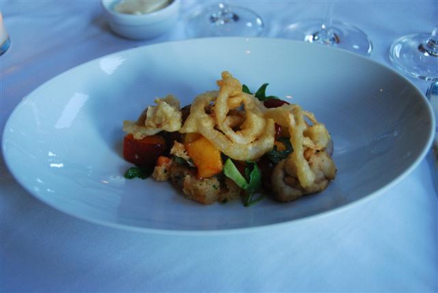 Stonefruit panzanella, crisp sweetbreads with citrus vinaigrette