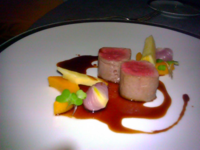 Venison Loin with Red Cippolini, Butternut Squash, Parsnip, Venison Reduction