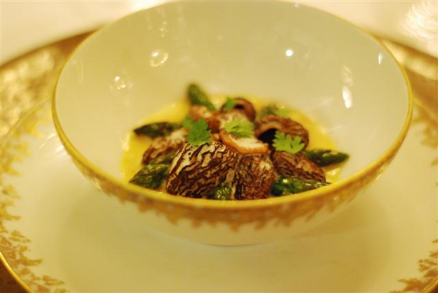 Steamed green asparagus and morel mushrooms