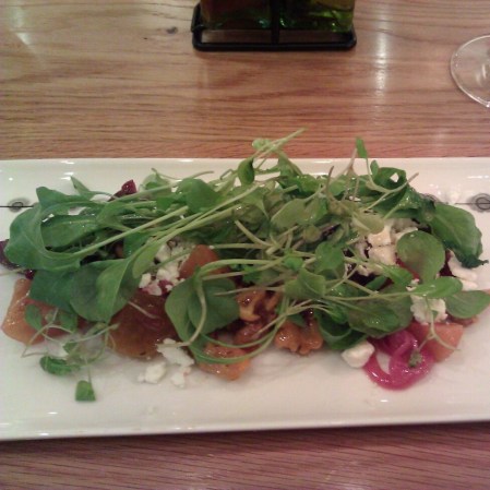 Beet Salad with Goat cheese, Walnuts, Pickled Onions, Basil, Red Wine Vinaigrette