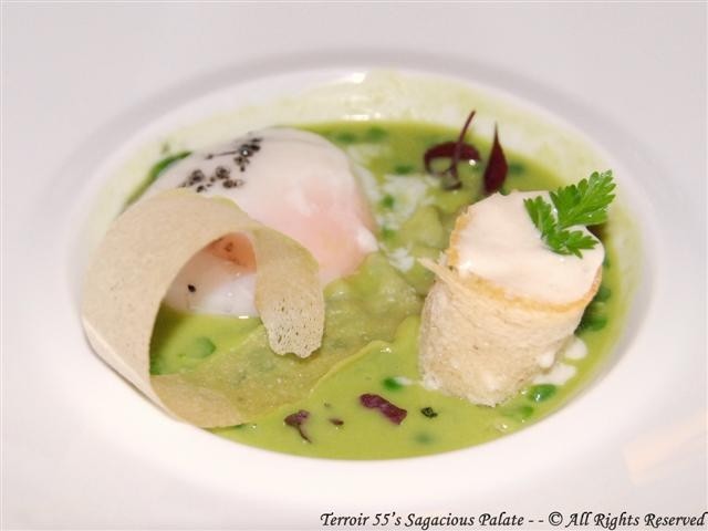 Egg with peas cream and traditional rustic bread mousse
