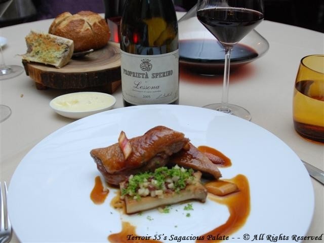 Roasted Duck Breast with a rhubarb and star anise glaze served with grilled king oyster mushrooms, diced duck salami and shaved broccoli. 2005 Proprieta Sperino "Lessona"