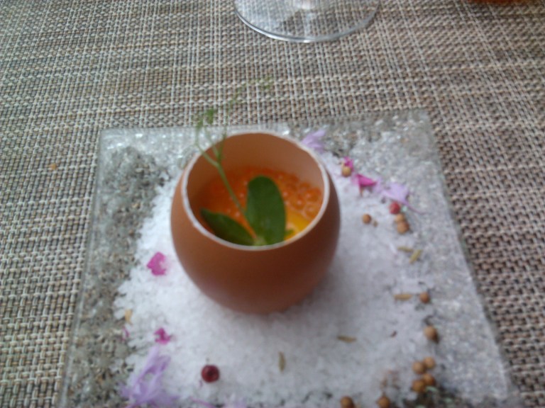 Amuse-bouche (pouched egg topped with caviar)