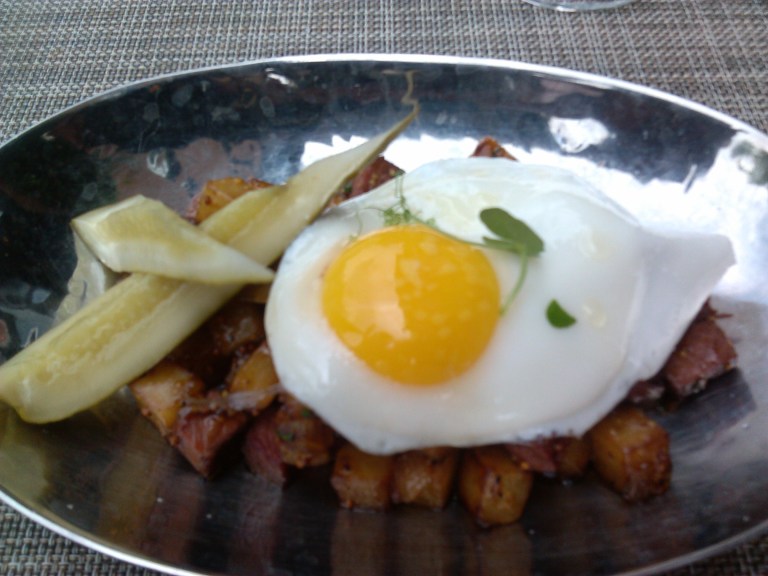 Pastrami Hash (Free range eggs & Yukon gold potato, Spanish onions & Gordy's Pickles
