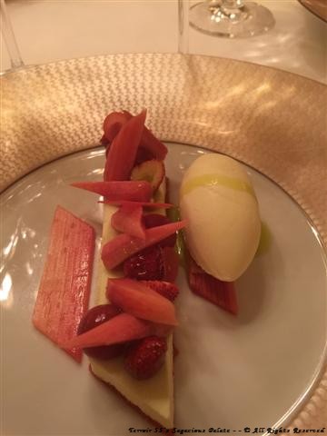 Poached rhubarb with strawberry, light olive oil “fruité noir” mousse