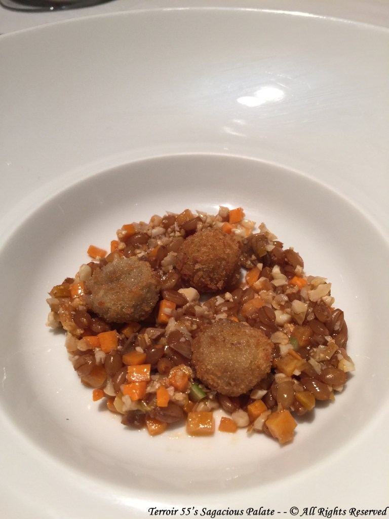 Squab liver croqueta / roasted squab thighs / spelt