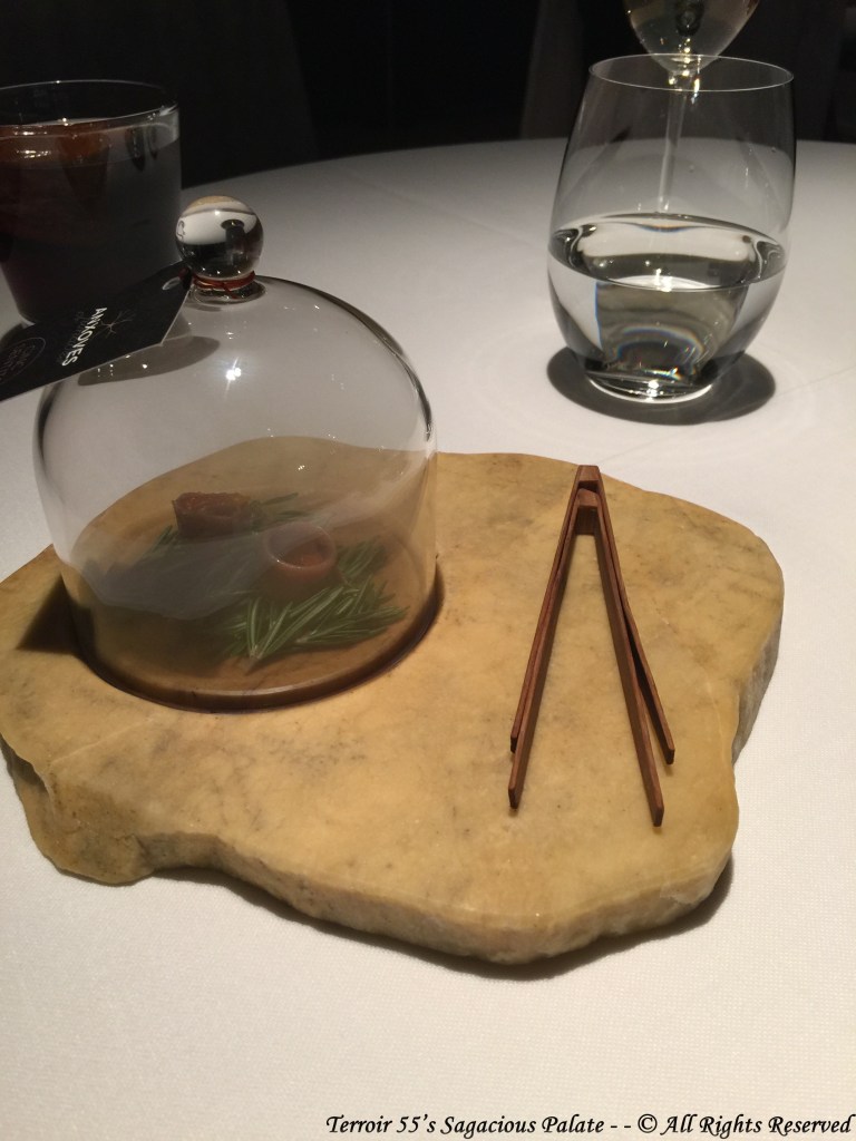 Rosemary-smoked anchovy with roasted pepper