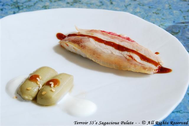 Red mullet with pork jowls and aubergine gnocchi