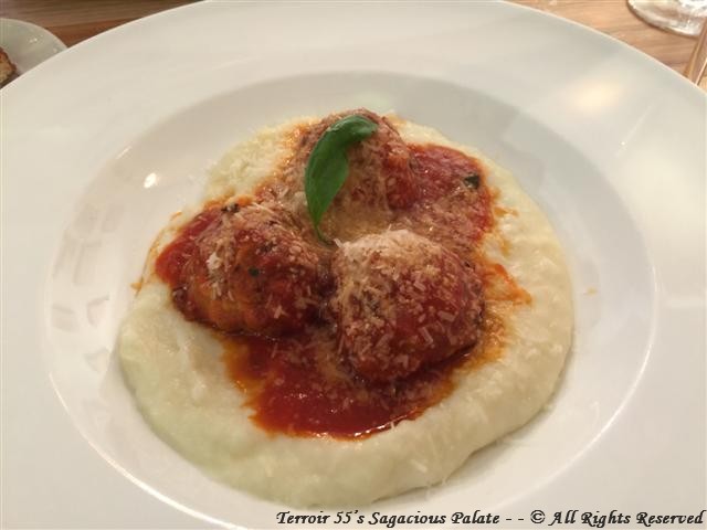 Polpette in Sugo (Pork & Beef Meatballs with Pine Nuts , Rosemary and Fennel Seed over Potato Puree. Drizzled with Tomato Sauce EOLO
