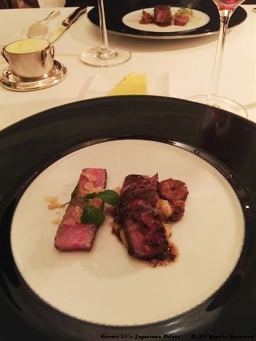 A5 #12 TRUE KOBE BEEF (New York sirloin cut,) GRASS FED CANADIAN BUFFALO (Sheep’s milk and rosemary gnocchi, glazed sweet onions)