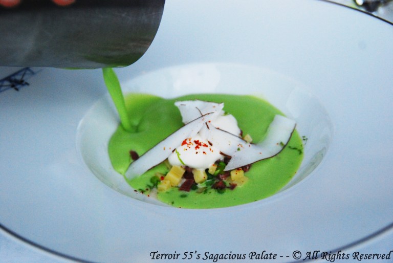 Poached egg, duck breast, coconut, with cold green peas soup