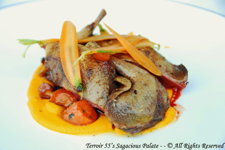 Roasted pigeon, carrots purée, fresh spring vegetables