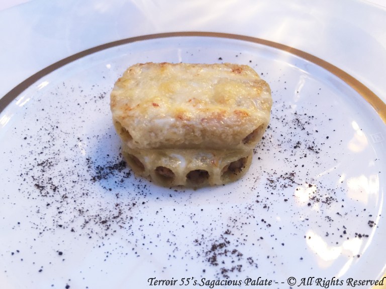 Macaroni, stuffed with black truffle and duck foie gras 