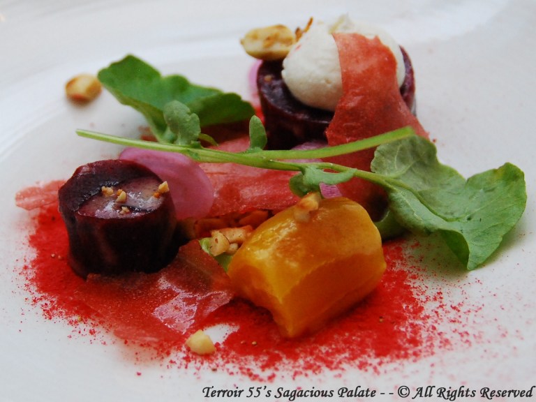 Salt roasted beets, strawberry, peanut, goat feta, roasted shallot-mustard