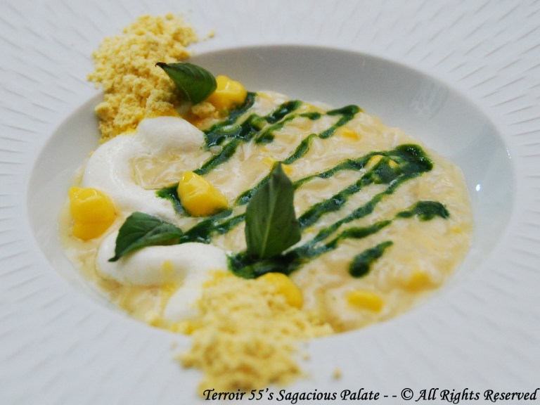 Summer Corn Risotto, egg yolk, thai basil, chevre