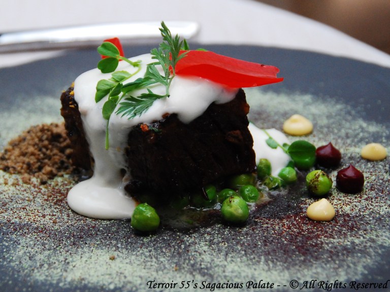 Japanese Worcestershire glazed Shortrib, English pea, coffee, blackberry ketchup, midnight moon