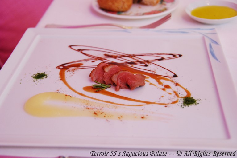 Duck breast scented with cinnamon, borage, apple preserve and reduction of balsamic vinegar