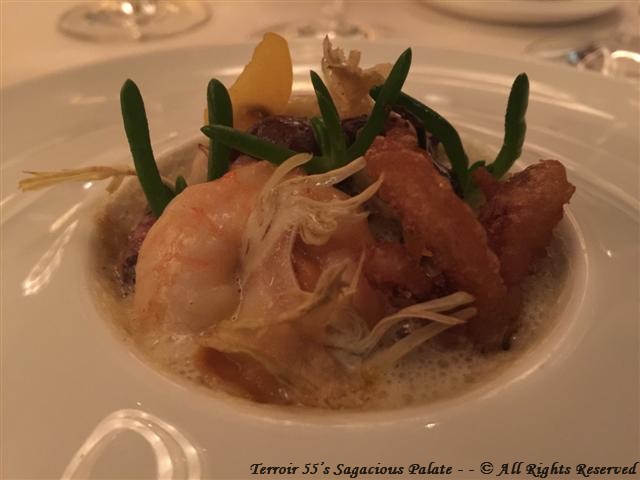 Warm Seafood Salad with Artichokes Cat’s Tongue and Salty Fingers Seaweed Bottarga, Lemon Thyme Emulsion FRUIT DE MER