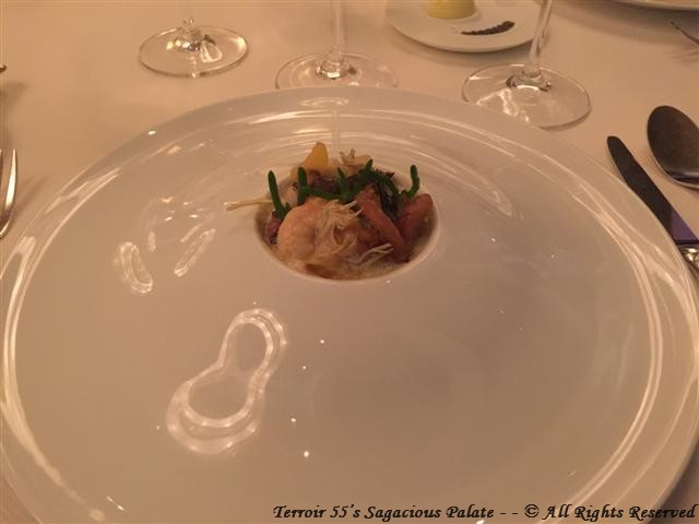 Warm Seafood Salad with Artichokes Cat’s Tongue and Salty Fingers Seaweed Bottarga, Lemon Thyme Emulsion FRUIT DE MER