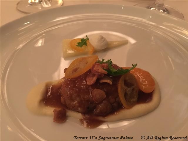 Roasted Veal Sweetbread Parsnip Mousseline, Satsuma Mandarin Pickled Kumquat, Wasabi – Rosemary Jus RIS DE VEAU