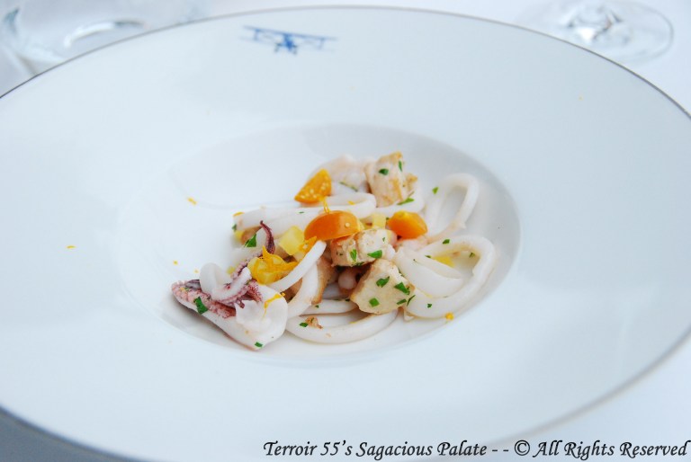 Sautéed squid and rabbit from Burgundy, Squash velouté, ground cherries Beaufort cheese 