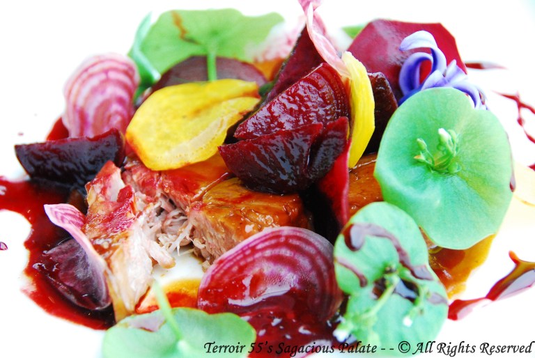 French veal shank braised with medlar chioggia beets and purslane ‘Claytone de Cuba’
