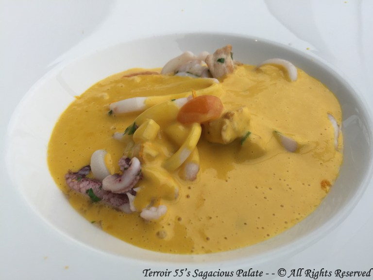 Sautéed squid and rabbit from Burgundy, Squash velouté, ground cherries Beaufort cheese 