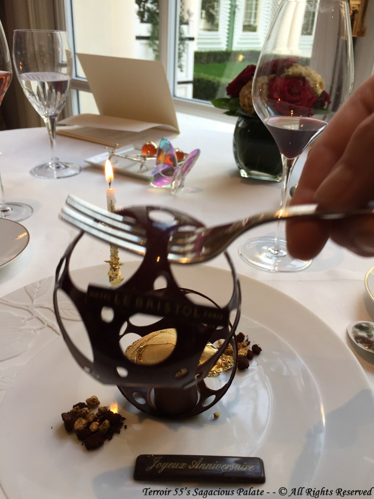 Priceless Nyangbo Chocolate liquid cocoa, Thin tile wafers and gold gilded sorbet.