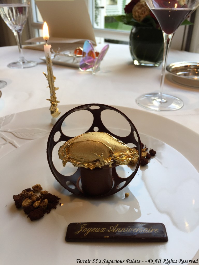 Priceless Nyangbo Chocolate liquid cocoa, Thin tile wafers and gold gilded sorbet.