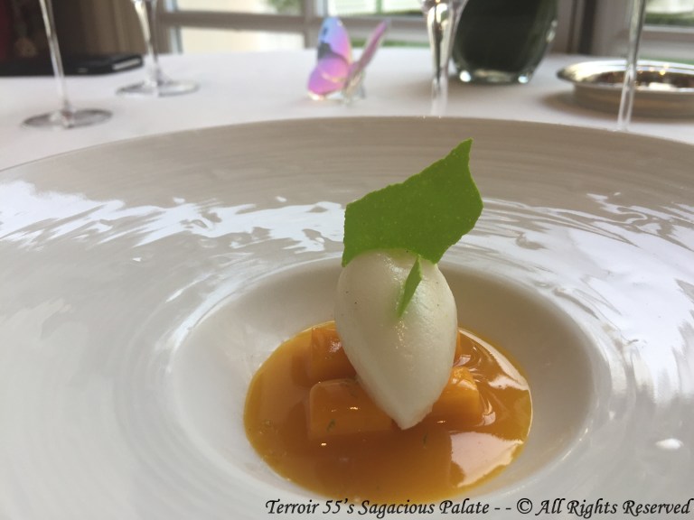 Mango dices with mango jelly, oriental sorbet (almond milk, orange blossom, vanilla and lemon juice)